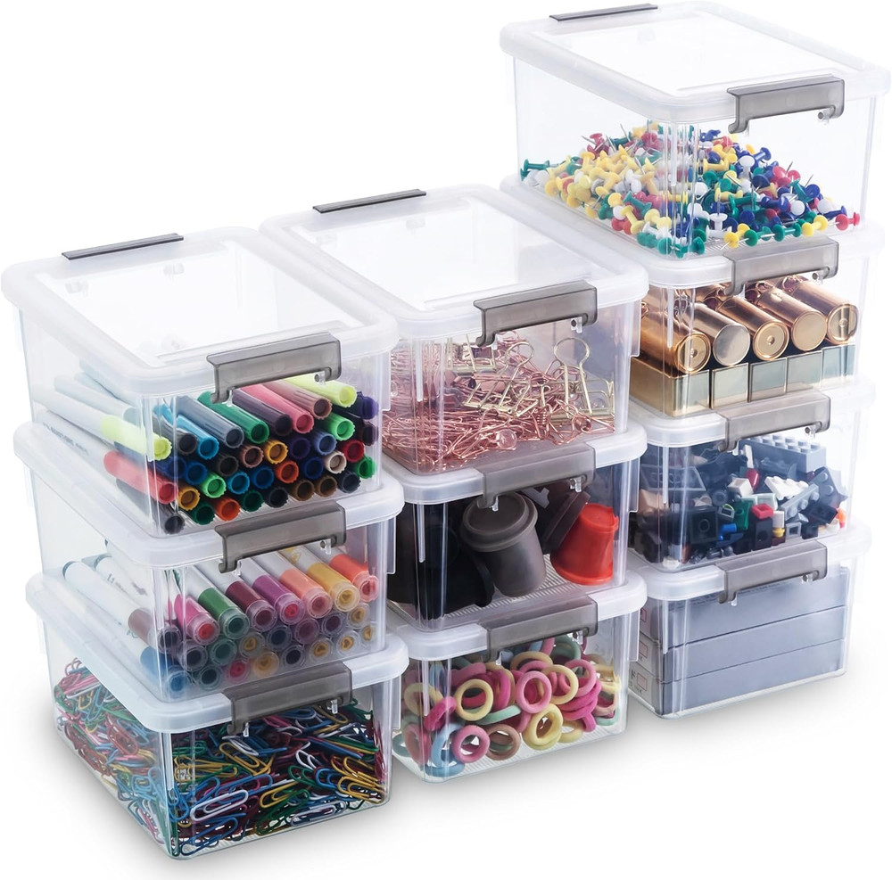 10 Pack Stackable 1.3 QT Clear Storage Bins with Lids for Organizing Supplies