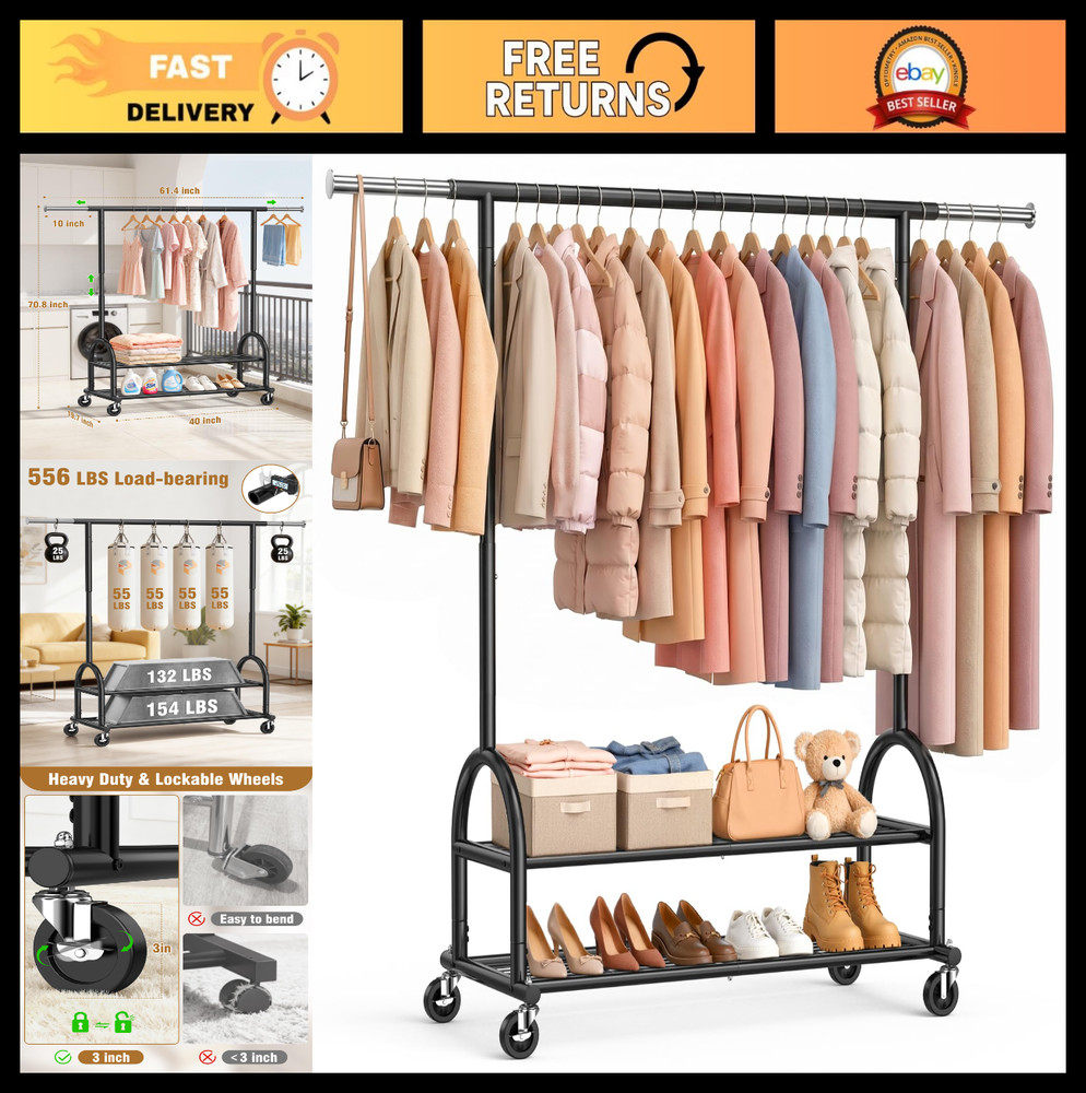 Heavy Duty Adjustable Clothes Rack – 556 LBS Capacity, Portable Rolling Garment