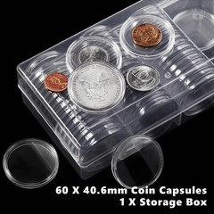 60X Coin Holder Capsules Case 40.6mm Clear for 1 Oz Silver Dollar w/ Storage Box