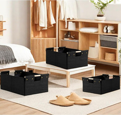 2PCS Black Cotton Linen Storage Bins with Wooden Handles – Foldable & Washable