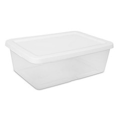 (4) 12 Quart Storage Boxes, Clear Plastic Storage Bin with Snap-On Lid, White