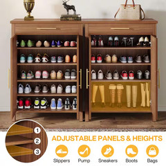 43 In. H X 32 In. W Brown Wood Shoe Storage Cabinet with Adjustable Shelves and