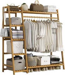 Bamboo Clothing Garment Rack Frame Portable Wardrobe Closet Clothes Hanging Rack