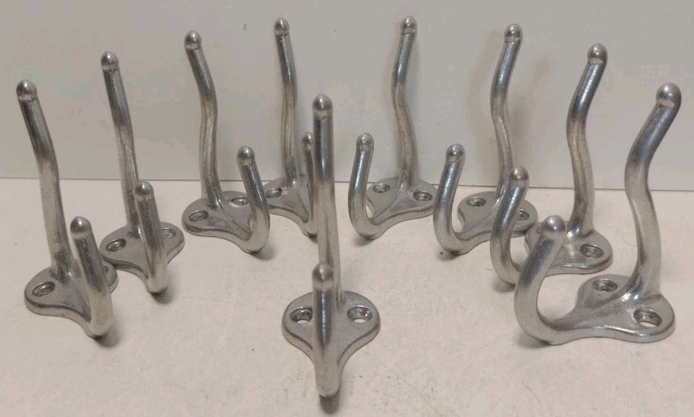 Lot of 9 Aluminum Double Coat Hat Hooks Wall Mount 3” Silver Tone Hangers