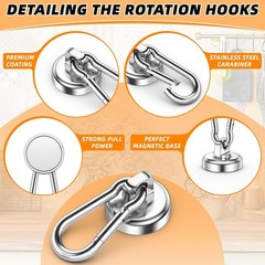 6 Pack Magnetic Hooks with Swivel Carabiner, 70LBS Neodymium Magnet Hooks Hea…