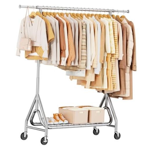 Heavy Duty Clothing Rack, Metal Clothes Rack Load 450 Silver Single Rod – L