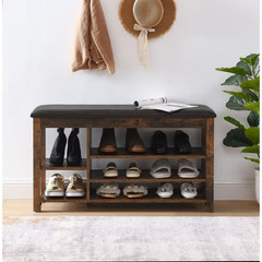 39.5 In. Height-Adjustable Shoe Bench with Storage-Natural Rubberwood, PU Leathe