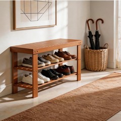 Bamboo Shoe Rack Bench 3 Tier Sturdy Entryway Bedroom Organizer Shelf Walnut