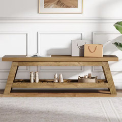 13 In. H X 55 In. W Light Walnut Wood Shoe Storage Bench, Large 2-Tier Narrow Sh