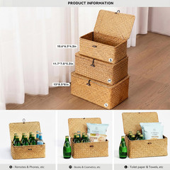 Set of 3 Natural Seagrass Storage Baskets with Lid for Home Organization