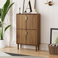 Line Groove Walnut Buffet Sideboard Cabinet 2 Door Accent Storage Cabinet