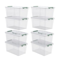 Idotry 8-Packs Stackable Tote Green Latches Box Plastic Storage Containers Bin