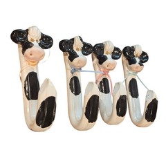Vintage Farmhouse Ceramic Holstein Cow Wall Hooks Set of 4 Black White Glossy