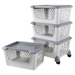 Idotry 4-Packs Plastic Stackable Storage Bins – Large Storage Basket with Wheels