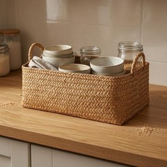 Handwoven Straw Container Braided Woven Basket Tan-Brown for Shelf, Cabinet