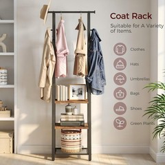 MAHANCRIS Freestanding Coat Rack 3 Shelves 8 Hooks Rustic Brown Black