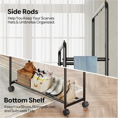 Clothing Clothes Rack Double Rods with Wheels, Rolling Metal Garment Rack for Ha