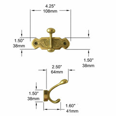 Unlacquered Solid Brass Antique Engraved Double Wall Hook