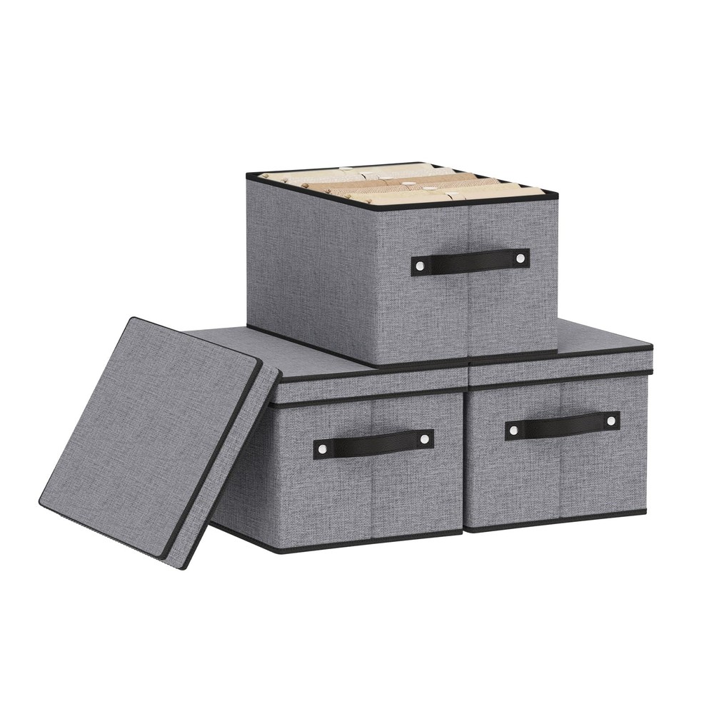 3 PCS Gray Storage Boxes Closet Organizers Bins Lids Handles 7.1×9.1×13 Inch