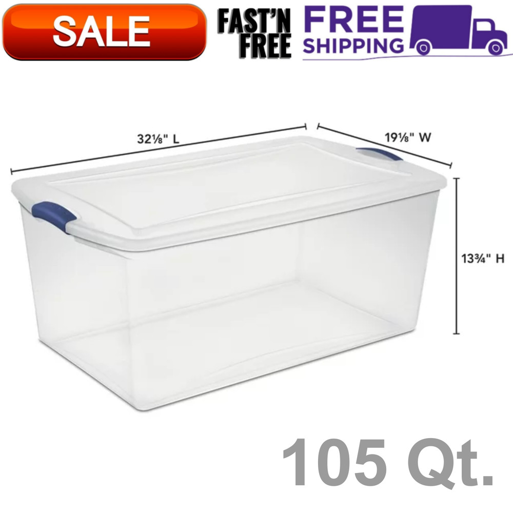 105 Qt. Clear Plastic Latching Box Storage Container Blue Latches with Clear Lid