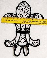 Set of 2 Black Metal Iron Fleur de Lis Wall Hooks & 1 Candle Holder Scroll Vtg