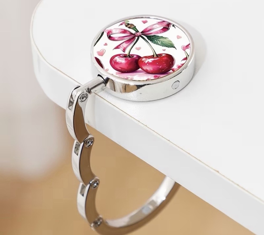 Folding Metal Purse Hook Table Hanger, Cherry Design, Polished Silver Tone
