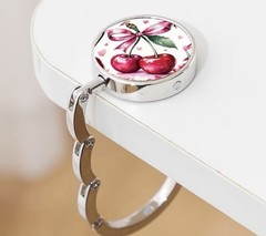 Folding Metal Purse Hook Table Hanger, Cherry Design, Polished Silver Tone