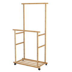 Rolling Bamboo Clothes Rack Clothing Storage Shelf Wardrobe Rack w/ Double Rails