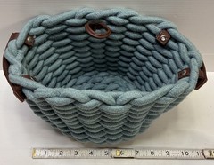 Braided Rope Storage Basket Aqua Blue w/ Faux Leather Handles Boho