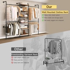 T1 Wall Mounted Closet System Industrial Pipe Clothing Rack with 6 Wooden