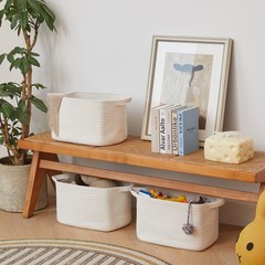 3 Packs Cotton Rope Woven Basket With Handles for Shelves -15″*10.2″*9.1″(White)