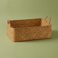 Handwoven Straw Container Braided Woven Basket Tan-Brown for Shelf, Cabinet