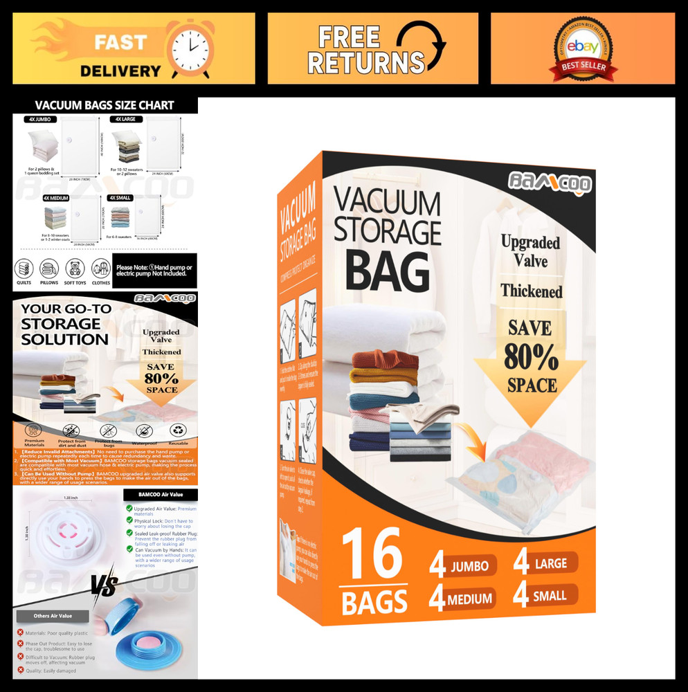 Vacuum Seal Storage Bags for Clothing – 16 Pack (4 Jumbo, Large, Medium, Small)