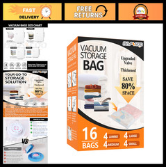 Vacuum Seal Storage Bags for Clothing – 16 Pack (4 Jumbo, Large, Medium, Small)