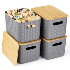 4 Packs Storage Bins with Bamboo Lids – Plastic Storage Containers with Lids …