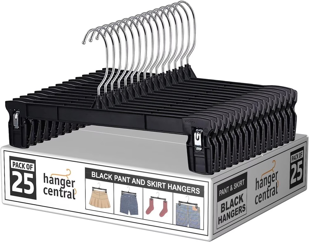 12 Inch Plastic Pants Hangers with Extra Long Clips in Black 25 Pack