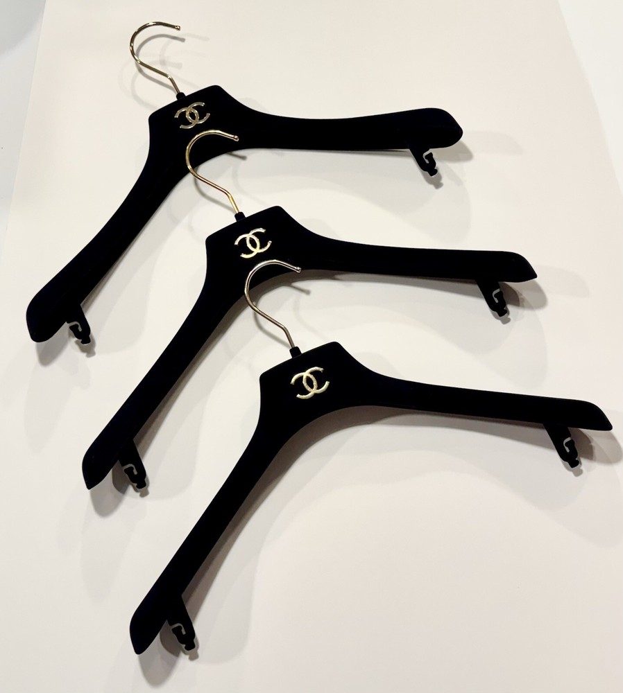 Chanel Hangers Set Trio Three Black Velvet Gold CC Logo NWOT Coat Hanger