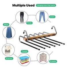 6-in-1 Wooden Pants Hanger – Space-Saving Closet Organizer Rack with Stainles…