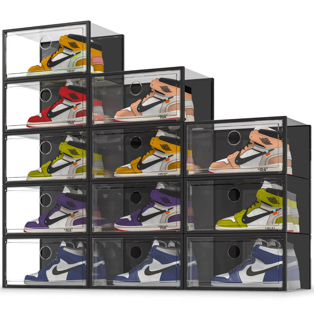 SEE SPRING 12 Pack X-large Stackable Shoe Organizer Racks Storage Box, Black