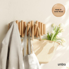 Picket 5 Hooks, Wall-Mounted Rail, Doubles as Art, Beveled Pine Wood Dowels, Nat