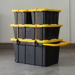 27 Gal. Tough Storage Tote with Wheels and Handle in Black and Yellow NEW