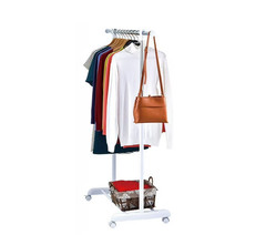 Clothing Rail Adjustable Height Wheels Rolling Garment Rack Metal Chrome, White