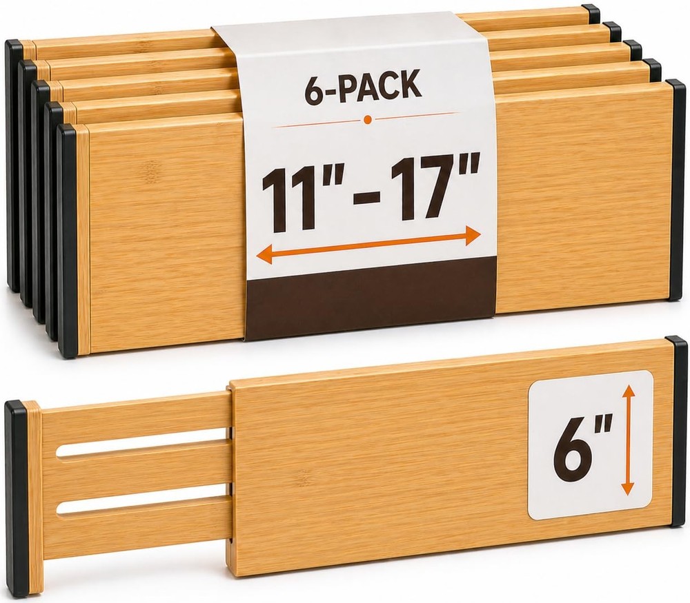 6-Pack Drawer Dividers – 6 Inches High, Adjustable 11 to 17 Inches Bamboo Dra…
