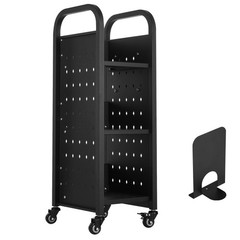 Rolling Library Book Cart, 220 lbs, Single Sided Shelves with Lockable Wheels