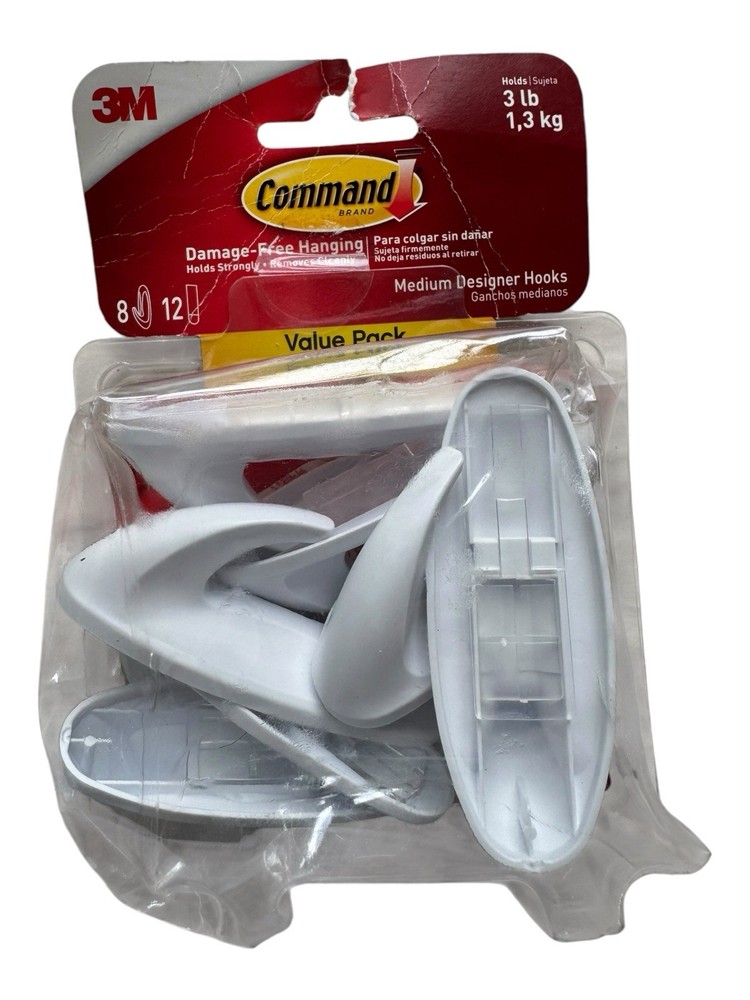 3M Command 8-Piece Medium Designer Hooks & 12 Adhesive Strips – Holds 3 lb