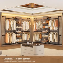 T1 Wall Mounted Closet System Industrial Pipe Clothing Rack with 6 Wooden