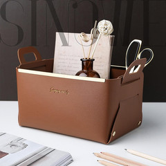 Set of 2 Caramel Faux Leather Baskets for Entryway and Dresser Organization