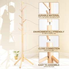 Solid Wooden Coat Rack Freestanding, Zealand Pine Coat Tree with 8 Hooks & 3 Adj