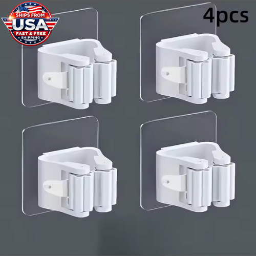 4 Pack Mop Holder Wall Mount No Drill Broom Organizer Kitchen Bathroom Organizer