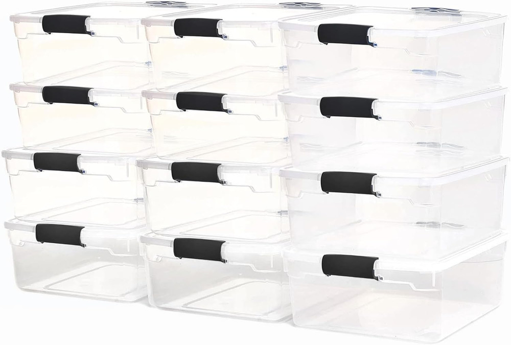12-Pack Stackable Clear Storage Bins with Secure Latches, 15.5 Quart